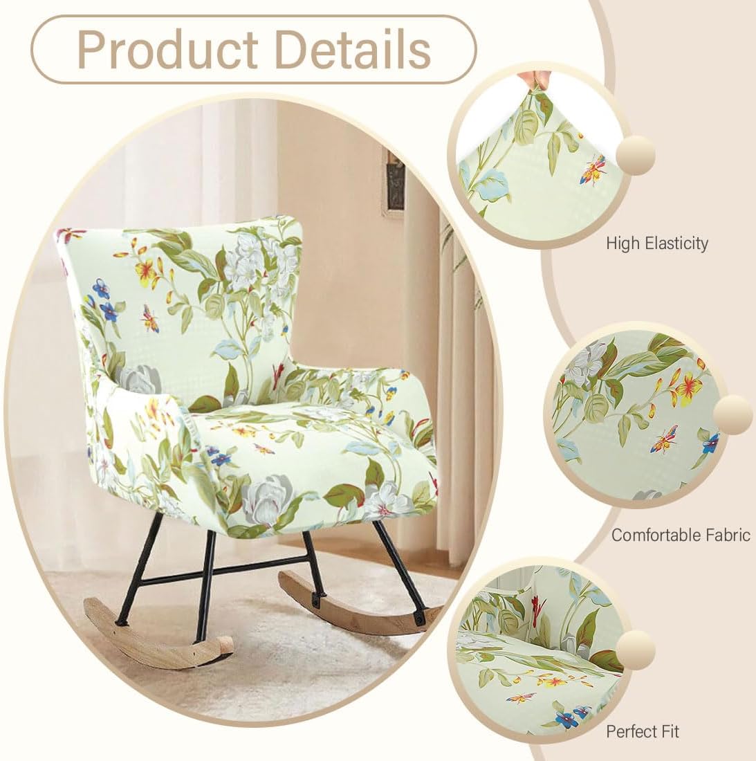 Nursery Rocking Chair Cover Stretchable Glider Chairs Cover Slipcovers Printed Rocking Accent Armchair Slipcover for Living Room Bedroom Offices, 03