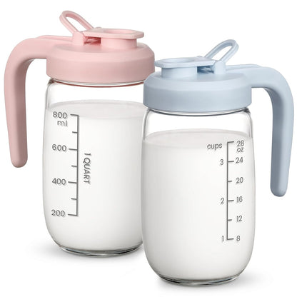 Breast Milk Pitcher 32 OZ, Heat & Cold Resistant, Sudden Temperature Safe, Fast Baby Formula Maker with Wide Mouth, No Leak Borosilicate Glass Fridge Storage Container for Juice, Cold Brew-Pink