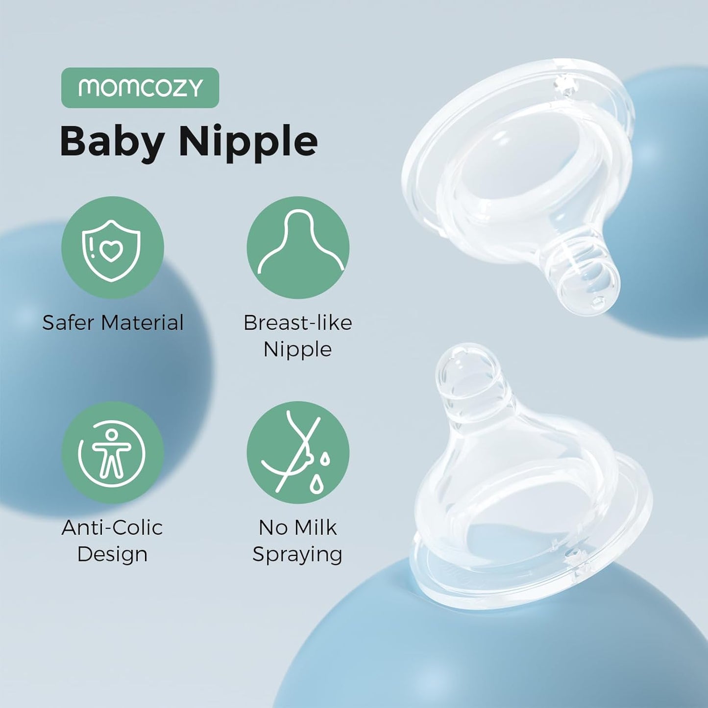Momcozy Soft Baby Nipple Premium Natural Flow Silicone for Wide-Neck Bottles, BPA-Free, Perfectly Compatible with Momcozy Breast Milk Cooler, Small (Pack of 2)