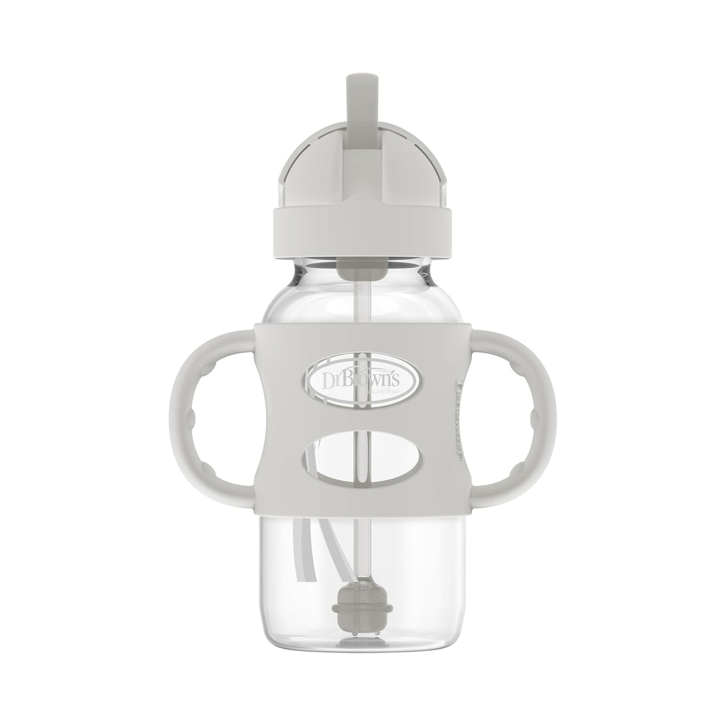 Dr. Brown's Milestones Wide-Neck Sippy Straw Bottle, Spill-Proof with 100% Silicone Handles and Weighted Straw, 9 oz/270 mL, Gray & Pink, 6m+, 2-Pack