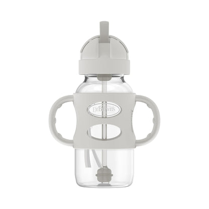 Dr. Brown's Milestones Wide-Neck Sippy Straw Bottle, Spill-Proof with 100% Silicone Handles and Weighted Straw, 9 oz/270 mL, Gray & Pink, 6m+, 2-Pack