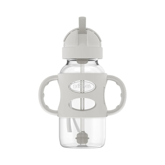 Dr. Brown's Milestones Wide-Neck Sippy Straw Bottle, Spill-Proof with 100% Silicone Handles and Weighted Straw, 9 oz/270 mL, Gray & Pink, 6m+, 2-Pack