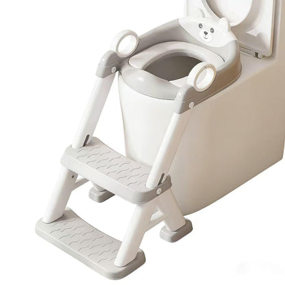 Kids Potty Training Toilet Seat with Step Stool Ladder, Bear Design, Adjustable Height, Non-Slip Steps, Soft PVC Cushion Seat with Handles (A-Pink)