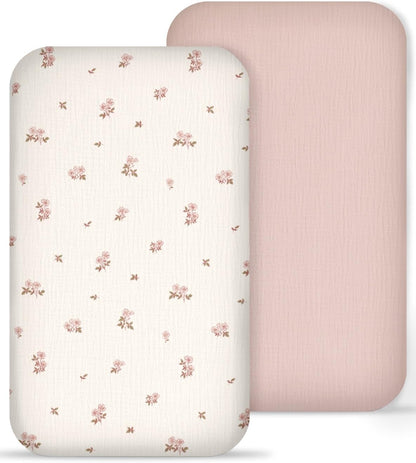 Muslin Bedside Bassinet Sheets 2 Pack, 33x20 Fitted Ultra Soft & Breathable Bedside Sleeper Sheets, Ideal for Baby Girl and Boy, Perfect for Newborns (Hopping Bunnies & Beige)