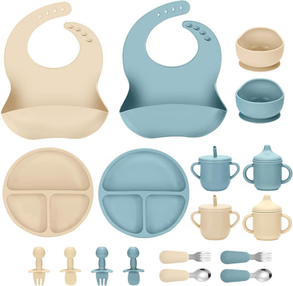 Silicone Baby Feeding Set, 18PCS Baby Led Weaning Supplies, Eating Essentials Utensils with Suction Plate and Bowl, Adjustable Silicone Bib, for 6+ Months (Pink+Green)