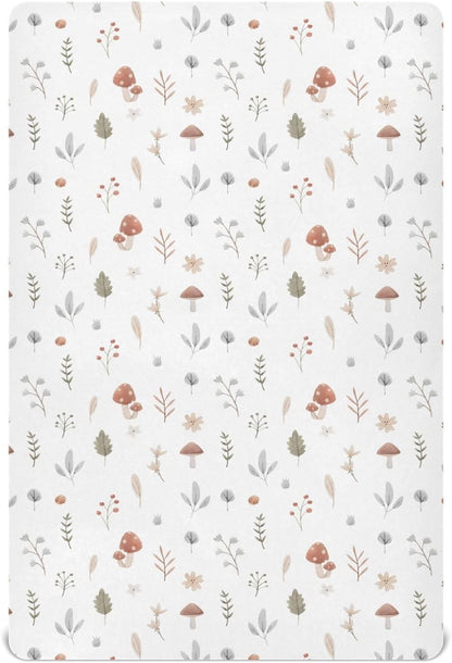 Fall Cute Mushroom Leaves Fitted Crib Sheets Stretchy Portable Playard Sheets for Baby Toddler, Breathable Soft Mini Crib Mattress 52 x 28 in for Boys and Girls