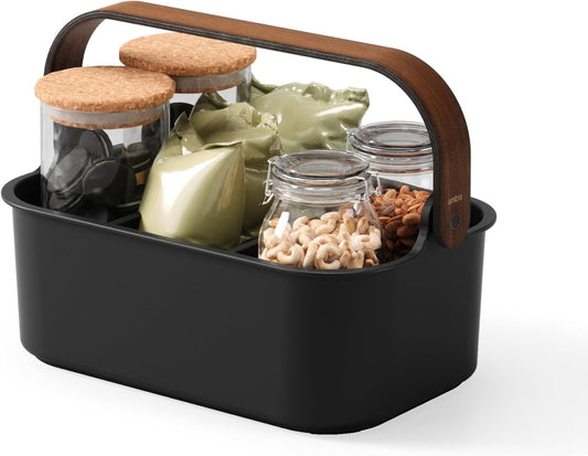 Umbra Bellwood Stackable Bin, 14" x 10" Durable Lightweight Container with Wooden Handle and Removable Dividers, Black/Walnut