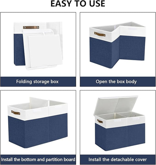 Bagnizer Large Toy Storage Box with Lids, Collapsible Sturdy Baby Storage Organizer Chest Bin Basket for Kids, Boys, Girls, Playroom, Nursery, Bedroom, Closet 25"x13"x16" (Navy Blue and White)