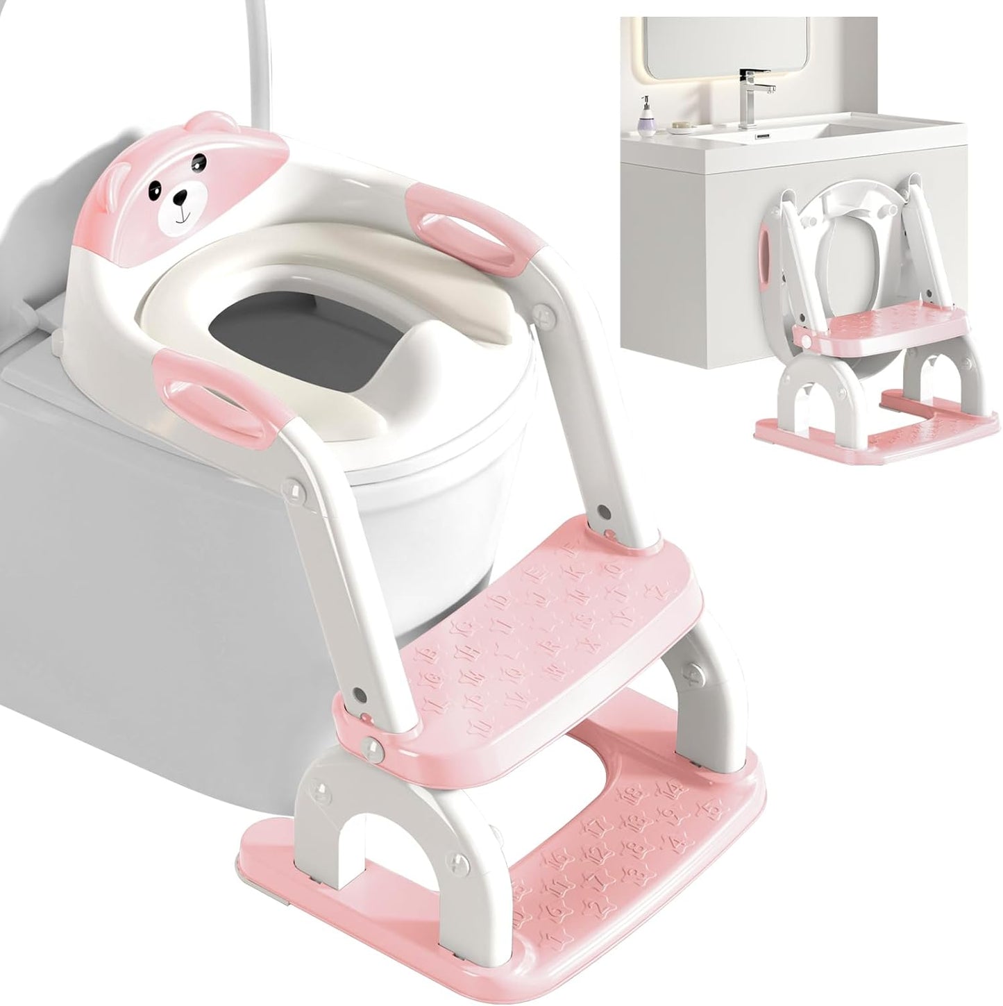 Potty Training Seat with Step Stool for Toddlers - Upgrade 2-in-1 Toilet Seat Toilet Ladder for Kids Children Boys Girls, Anti-Slip Pad & Adjustable Height with Waterproof - Pink