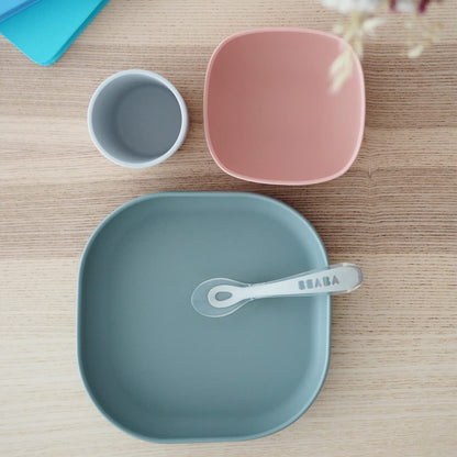 BEABA 100% Silicone 4-Piece Baby Feeding Set, Suction Plates for Baby, Made w/High Grade Food Safe Silicone, Rose