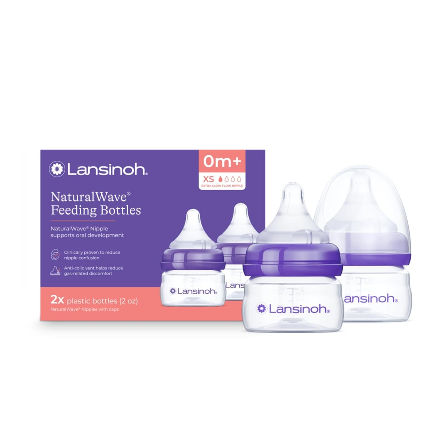 Lansinoh Anti-Colic Baby Bottles, BPA-Free Plastic, 5 Ounces, 4 Count, Extra Slow Flow Nipples (Size XS), Breastfeeding Bottle with NaturalWave Design