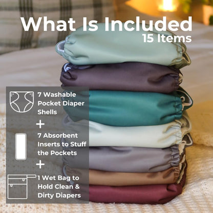 Nora's Nursery AWJ Cloth Diapers 7 Pack with 1 Wet Bag - Waterproof Cover, Washable, Reusable & One Size Adjustable Pocket Diapers for Newborns and Toddlers - Dahlia
