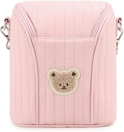 Lmbabter Embroidered Bear Stroller Organizer Tote Bag, Bottle Insulation Pouch, Portable Cooler Storage Essential for Milk/Breast Pump,Baby Travel Supplies (Black)