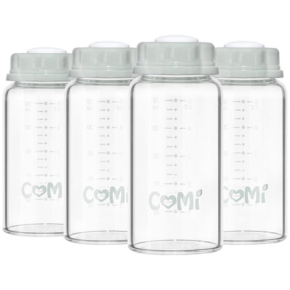 COMI Natural Glass Baby Bottle,Breastmilk Storage Bottle for Fridge,Breast Milk Container,Breast Pump Bottle Compatible with Medela Breast Pump,BPA Free,2PCS (5oz,2 Gray Lids)