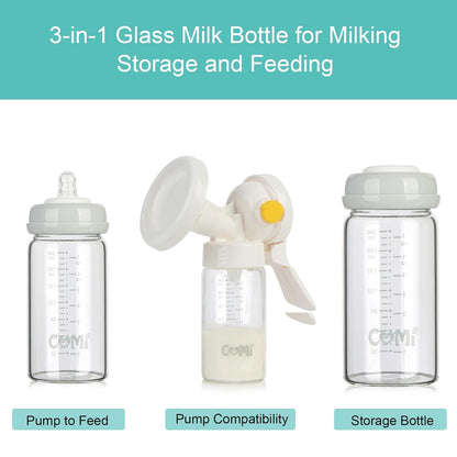 COMI Wide Neck Glass Breastmilk Collection n Storage Bottle, 4 Packs,10oz with Screw Ring Sealing Disk,Re-markable Sealing Disc,BPA Free,Fits Breast Pumps&Nipples(4 Green Lids)