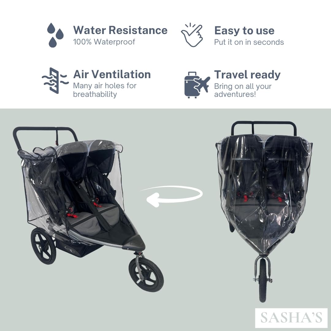 SASHA'S Rain Cover for BOB Gear Duallie Double Jogging Strollers, Zipper Access, Maximum Coverage, Weather Shield (Jogger not Included)