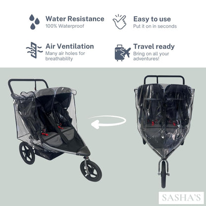 SASHA'S Rain Cover for BOB Gear Duallie Double Jogging Strollers, Zipper Access, Maximum Coverage, Weather Shield (Jogger not Included)
