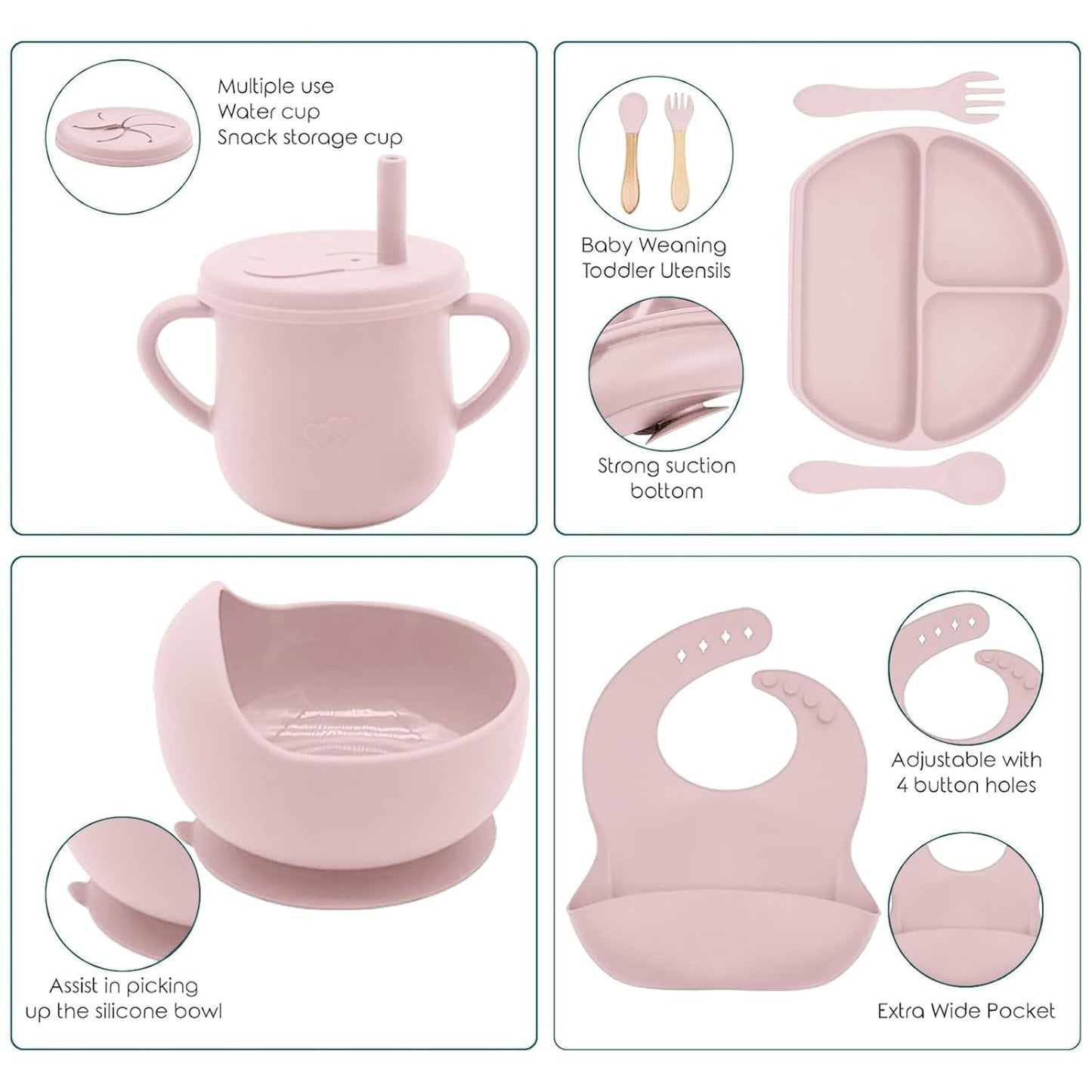 100% Silicone Baby Feeding Set, BPA Free Baby Dishes with Suction Bowl, Divided Plate, Toddler Self Feeding Dish Set with Spoons, Forks, Sippy Cup and Bib, Baby Eating Utensils (Navy Blue)