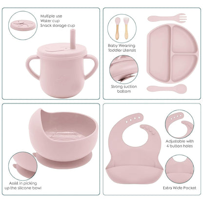 100% Silicone Baby Feeding Set, BPA Free Baby Dishes with Suction Bowl, Divided Plate, Toddler Self Feeding Dish Set with Spoons, Forks, Sippy Cup and Bib, Baby Eating Utensils (Navy Blue)