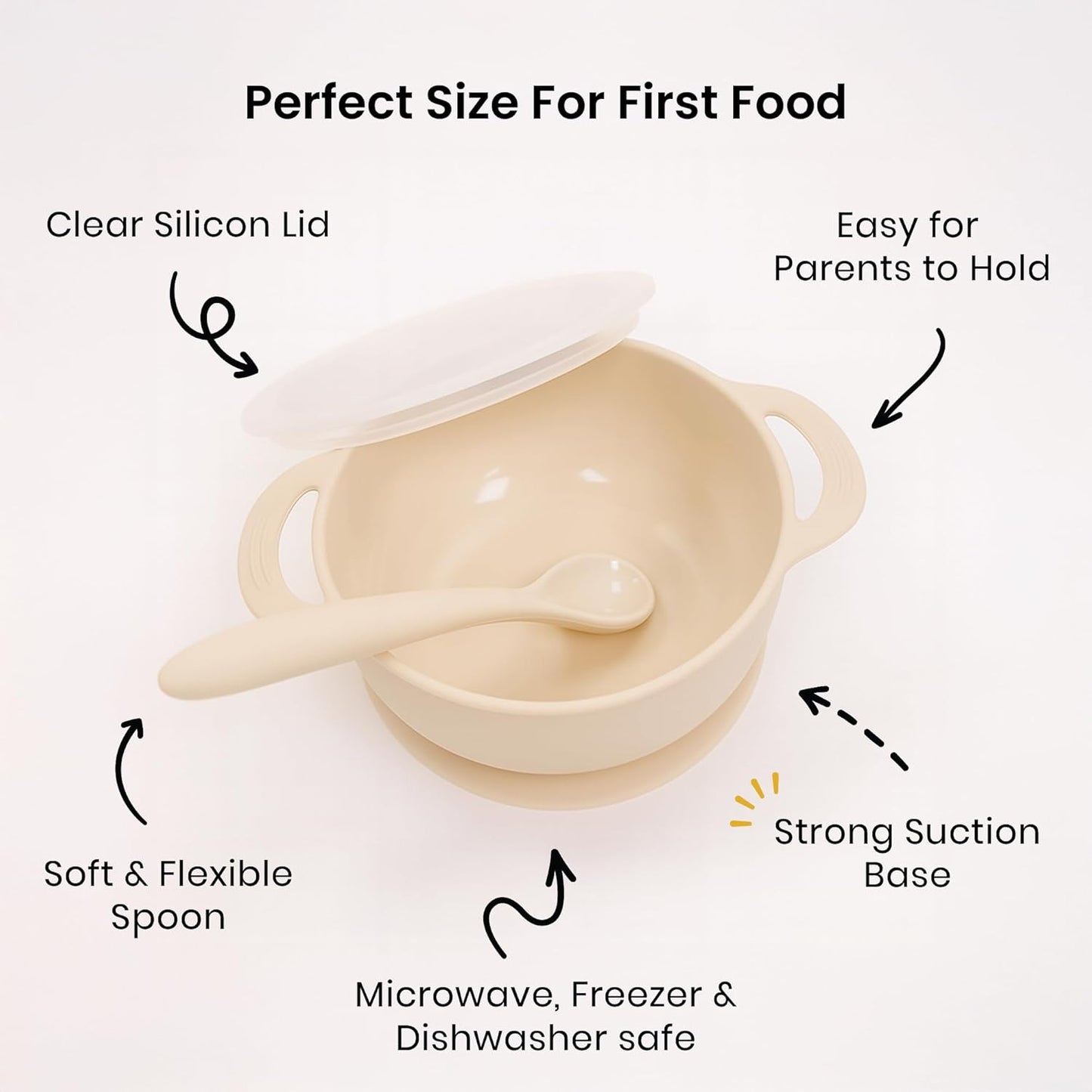 Lulyboo Silicone Baby Feeding Bowl with Handles, Lid & Spoon - Packable, Spill-Proof, Dishwasher Safe, Non-Slip Suction, for Toddlers 6+ Months (Ivory)