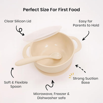 Lulyboo Silicone Baby Feeding Bowl with Handles, Lid & Spoon - Packable, Spill-Proof, Dishwasher Safe, Non-Slip Suction, for Toddlers 6+ Months (Ivory)