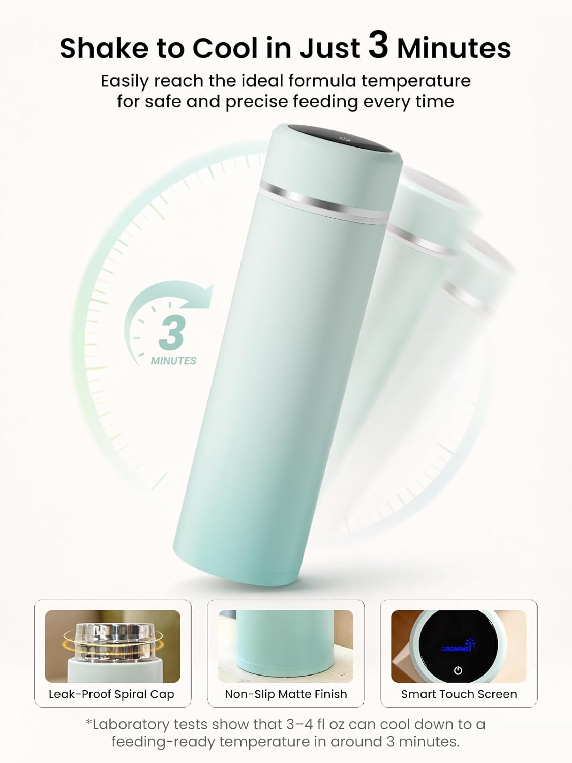 Grownsy Portable Baby Formula Bottle Maker, Rapid Cooling in 3 Min, Pure Physical Cooling, No Power Needed, Smart Color Temp Display, Travel & Night Feeding Essential, Includes Formula Dispenser,Green