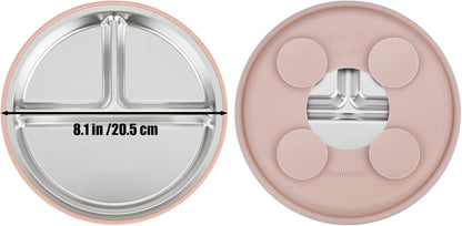 PandaEar 3 Pack Stainless Steel Baby Suction Plates, Divided Toddler Plate for Baby Led Weaning Supplies, Non-Slip Toddler Baby Feeding Set Dishwasher Safe (Pink/Linen/Light Pink)