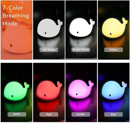 OURRY Cute Whale Night Light for Kids,Kawaii Baby Night Light with 7 LED Colors Changing,Tap Control Nursery Squishy Night Lamp,USB Rechargeable,Birthday Gifts for Baby,Girls,Boys,Toddler,Children