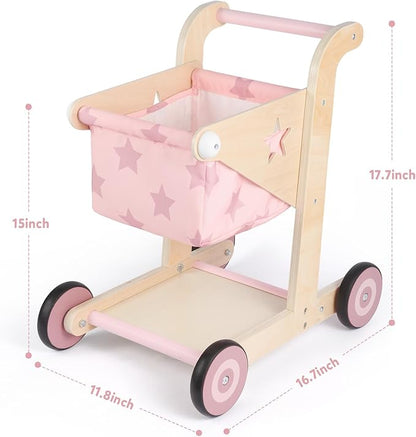 Asweets 2 in 1 Wooden Baby Walker Push and Pull Doll Stroller, Shopping Cart Learning Walker for Boys and Girls, Sit Stand Learning Toddler Toy (Pink)