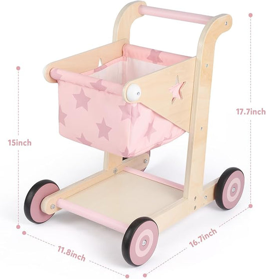 Asweets 2 in 1 Wooden Baby Walker Push and Pull Doll Stroller, Shopping Cart Learning Walker for Boys and Girls, Sit Stand Learning Toddler Toy (Pink)