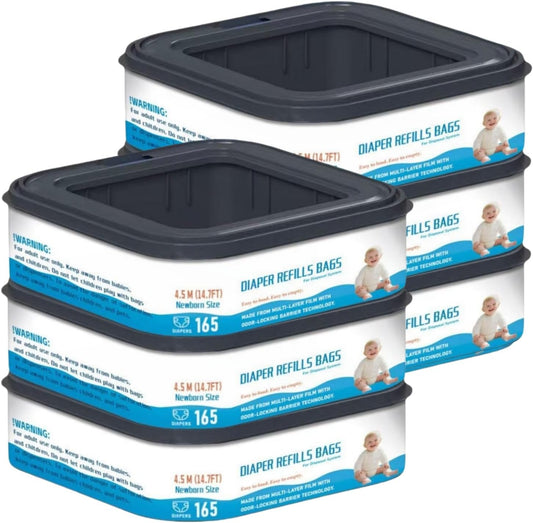 6 Packs-Square Starter Refills Disposal Bags Refill Compatible with Diaper Genie Classic, Compact and Select Pails, Hold Up to 165 Newborn-Sized Diapers Per Refill