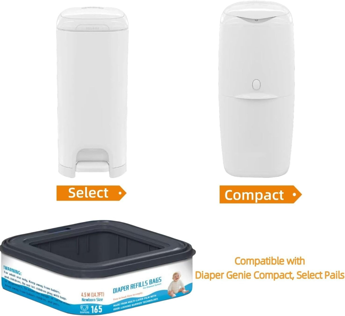 6 Packs-Square Starter Refills Disposal Bags Refill Compatible with Diaper Genie Classic, Compact and Select Pails, Hold Up to 165 Newborn-Sized Diapers Per Refill