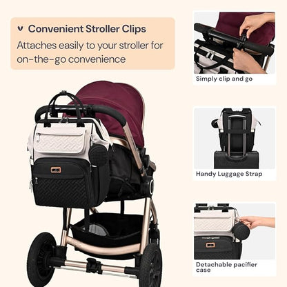 BabbleRoo Diaper Bag Backpack, Multifunction Nappy Changing Bag with Changing Pad, Stroller Straps & Pacifier Case, Unisex Stylish Travel Back Pack for Moms & Dads – Apricot & Black