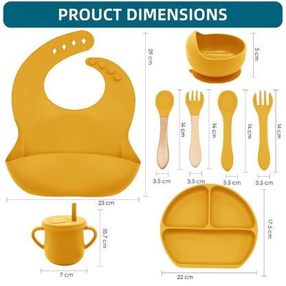 100% Silicone Baby Feeding Set, BPA Free Baby Dishes with Suction Bowl, Divided Plate, Toddler Self Feeding Dish Set with Spoons, Forks, Sippy Cup and Bib, Baby Eating Utensils (Navy Blue)