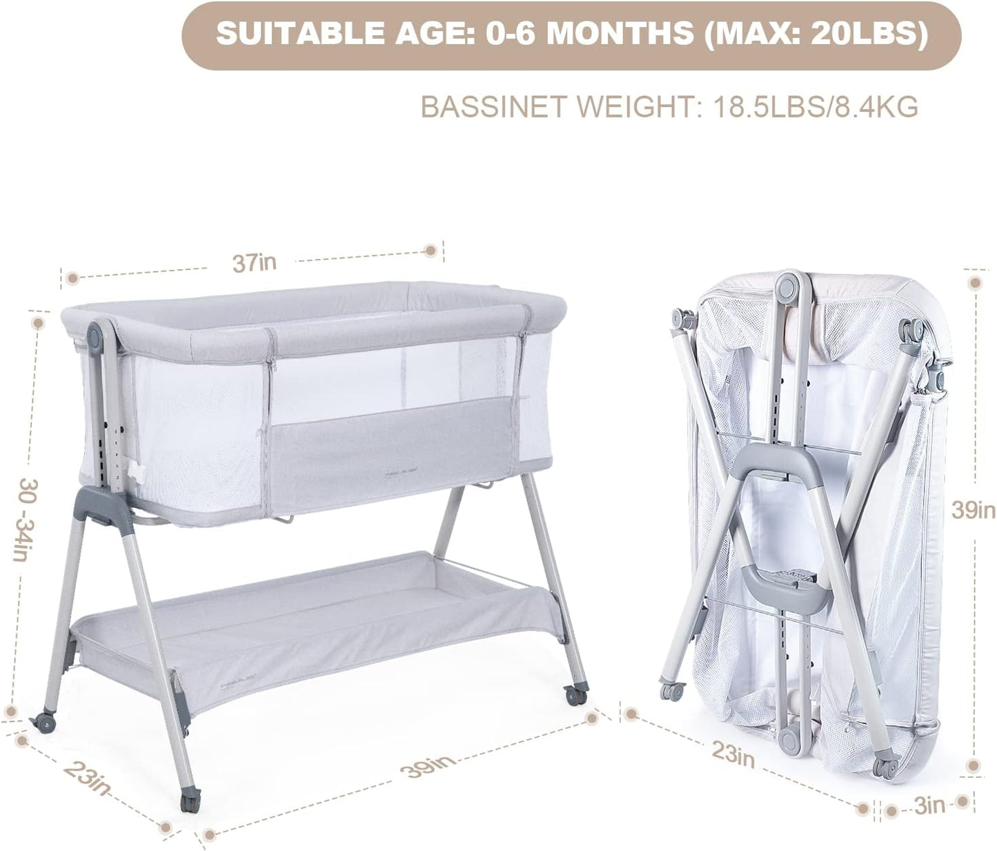 ANGELBLISS Baby Bassinet Bedside Sleeper, Easy Folding Portable Bassinet for Baby with Wheels, Adjustable Height, Included Mattress (Beige)
