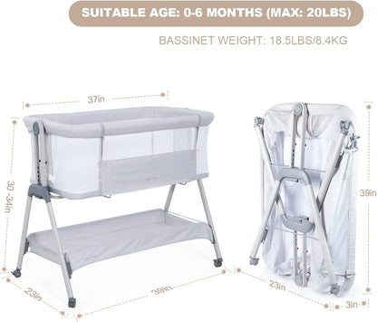 ANGELBLISS Baby Bassinet Bedside Sleeper, Easy Folding Portable Bassinet for Baby with Wheels, Adjustable Height, Included Mattress (Beige)
