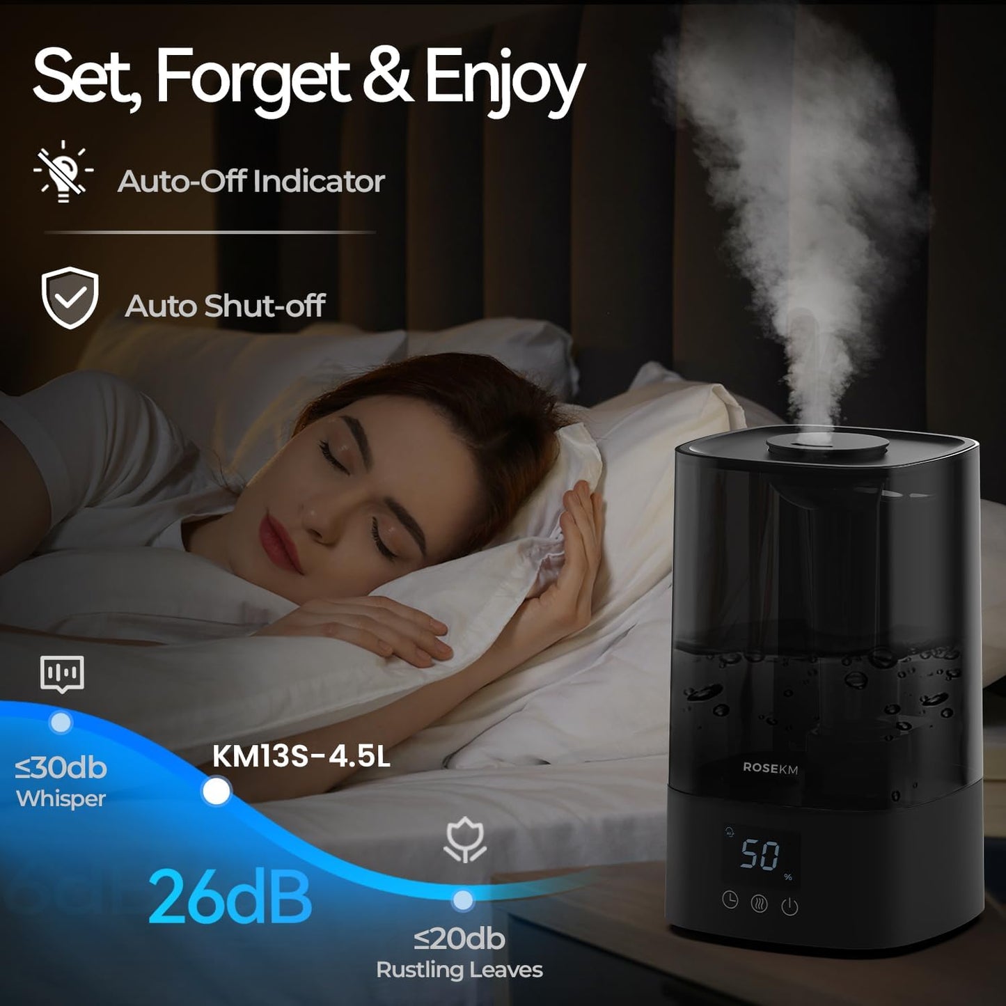 ROSEKM Humidifiers for Bedroom, 2.0L Cool Mist Humidifier for Home Plant and Baby Nursery, Quiet Ultrasonic Humidifier with 360° Nozzle, Auto Shut-Off, Filterless, Black