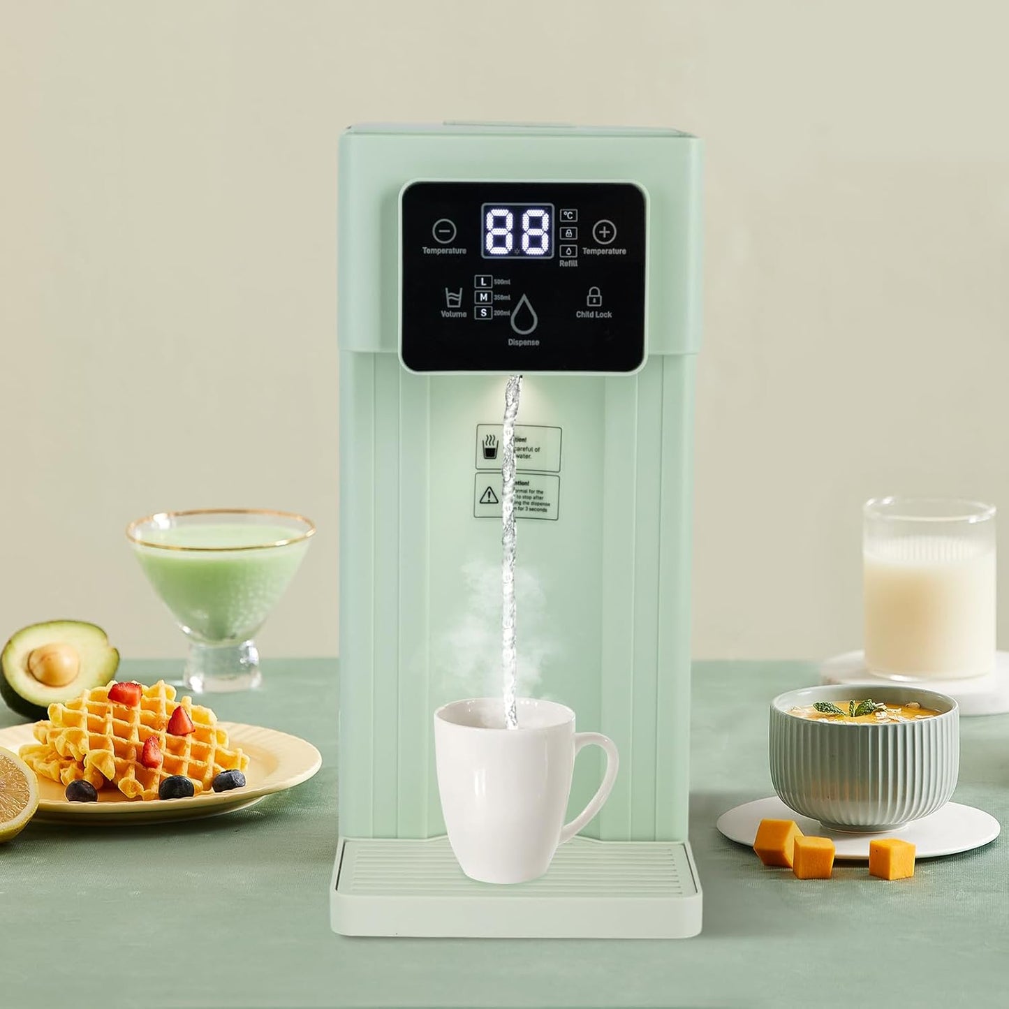Instant Water Dispenser, 1500 Watt Fast Heating Countertop Water Dispenser, Adjustable Temperature (90°F-212°F), 3 Liter/0.79 Gallon Tank, Child Lock, For Home, Office (White and Green) (Green)