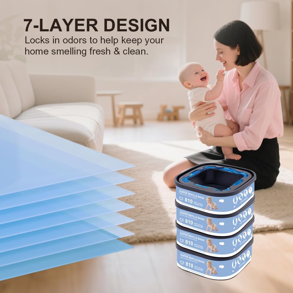 Jumbo Square Refills Disposal Bags Refill Compatible with Genie Diaper Compact, Select Pails (Not Fit Classic),Hold Up to 810 Newborn-Sized Diapers Per Refill,Pack of 4