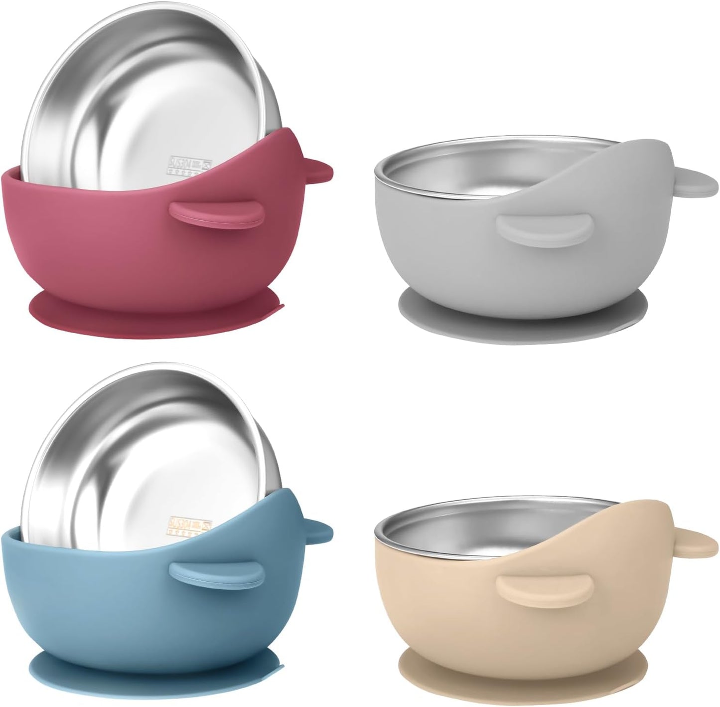2 Pack Stainless Steel Baby Bowls with Suction, Toddler Bowls with Removable Silicone Shell for Kids, Non-Slip Toddler Baby Feeding Set Dishwasher Safe-Gray & Blue