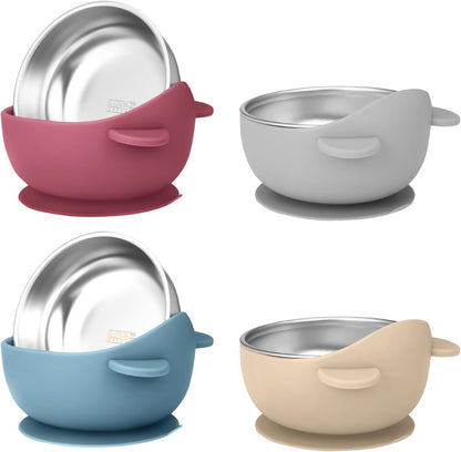 2 Pack Stainless Steel Baby Bowls with Suction, Toddler Bowls with Removable Silicone Shell for Kids, Non-Slip Toddler Baby Feeding Set Dishwasher Safe-Gray & Blue