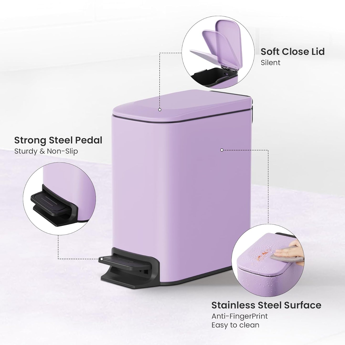 Cesun Small Bathroom Trash Can with Lid Soft Close, Step Pedal, 6 Liter / 1.6 Gallon Stainless Steel Slim Garbage Can for Bedroom, Diaper Waste Basket with Removable Inner Bucket (White)