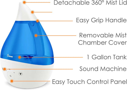 Crane 4-in-1 Drop 2.0 Ultrasonic Cool Mist Humidifier with Sound Machine, Night Light, Aroma Tray, 1 Gallon Top Fill, Blue & White