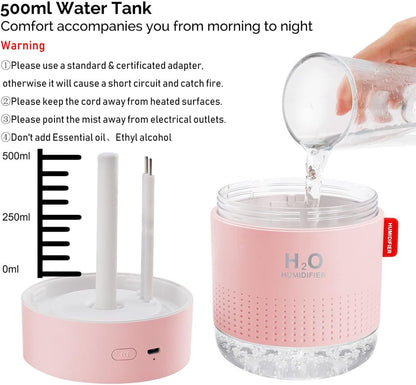 Portable Mini Humidifier, 500ml Small Cool Mist Humidifier, USB Personal Desktop Humidifiers for Baby Bedroom Travel Office Home, Auto Shut-Off, 2 Mist Modes, Super Quiet, White