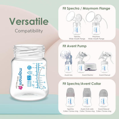 Maymom Wide-Mouth Milk Storage Feeding Collection Bottle with Nipple, Dome Cap, Bottle Top, SureSeal Sealing Disk; Compatible with Spectra Pump/Motif Luna; 5 pc (4.7Oz/140mL)