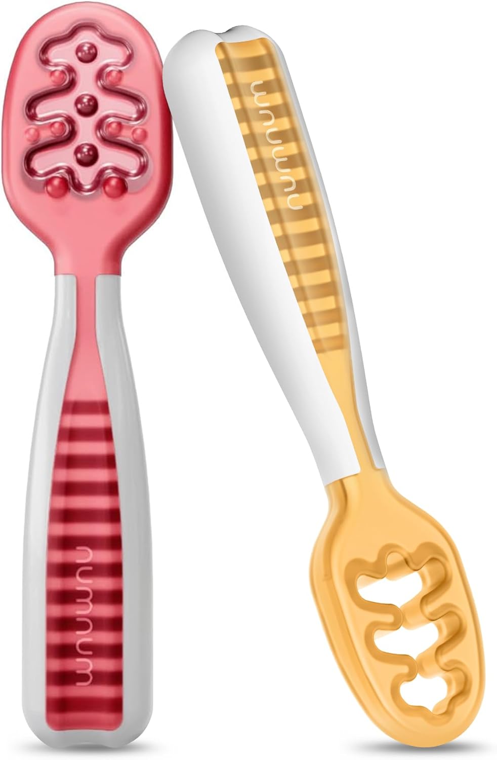 NumNum Baby Spoons Set, Baby Essentials Pre-Spoon GOOtensils for 6+ Months, First Stage Self-Feeding Spoons for Baby Led Weaning (BLW), Silicone Toddler Utensils, BPA-Free, 2 Pack Gray/Green