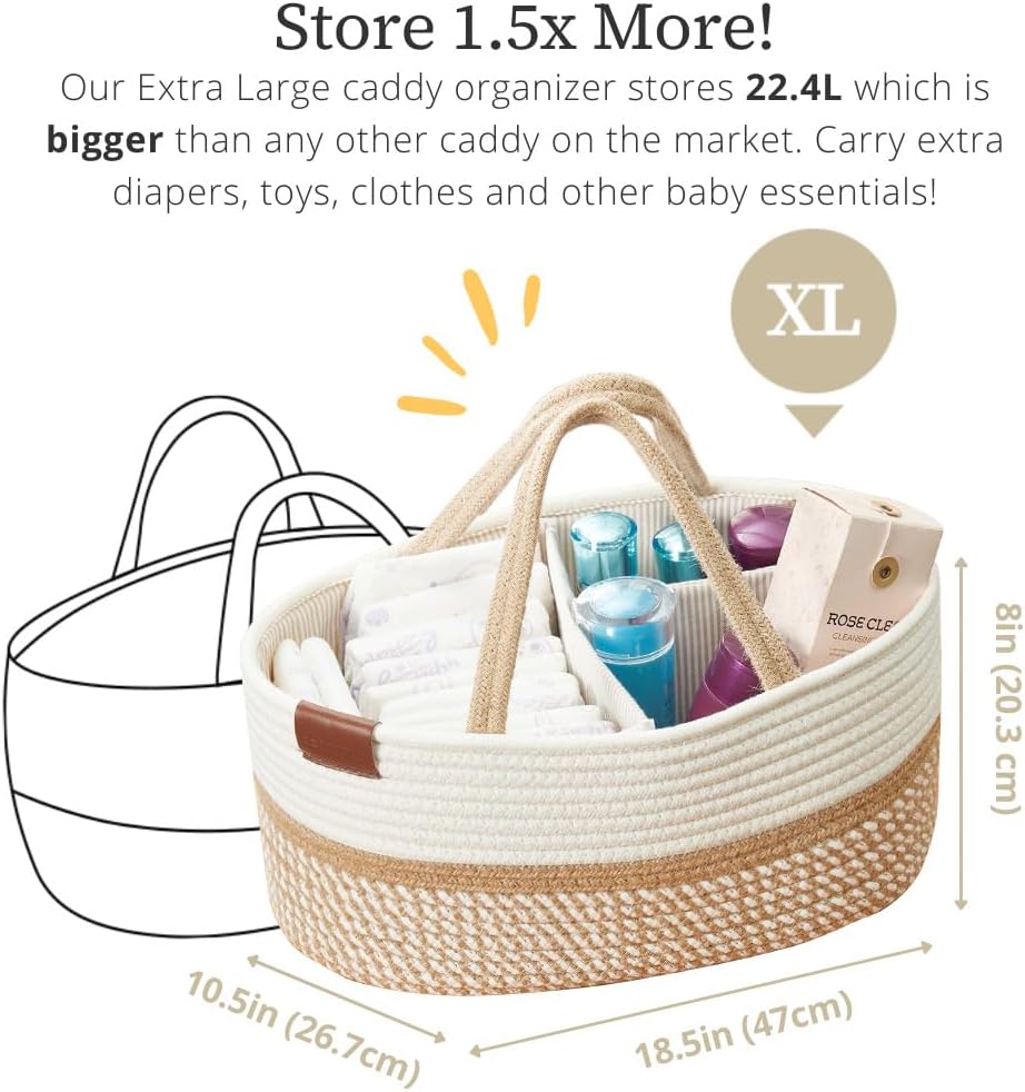 DECOMOMO Baby Caddy Organizer, Mother's Day Diaper Caddy Basket, Baby Baskets for Baby Shower (Spiral Beige & White, Large)