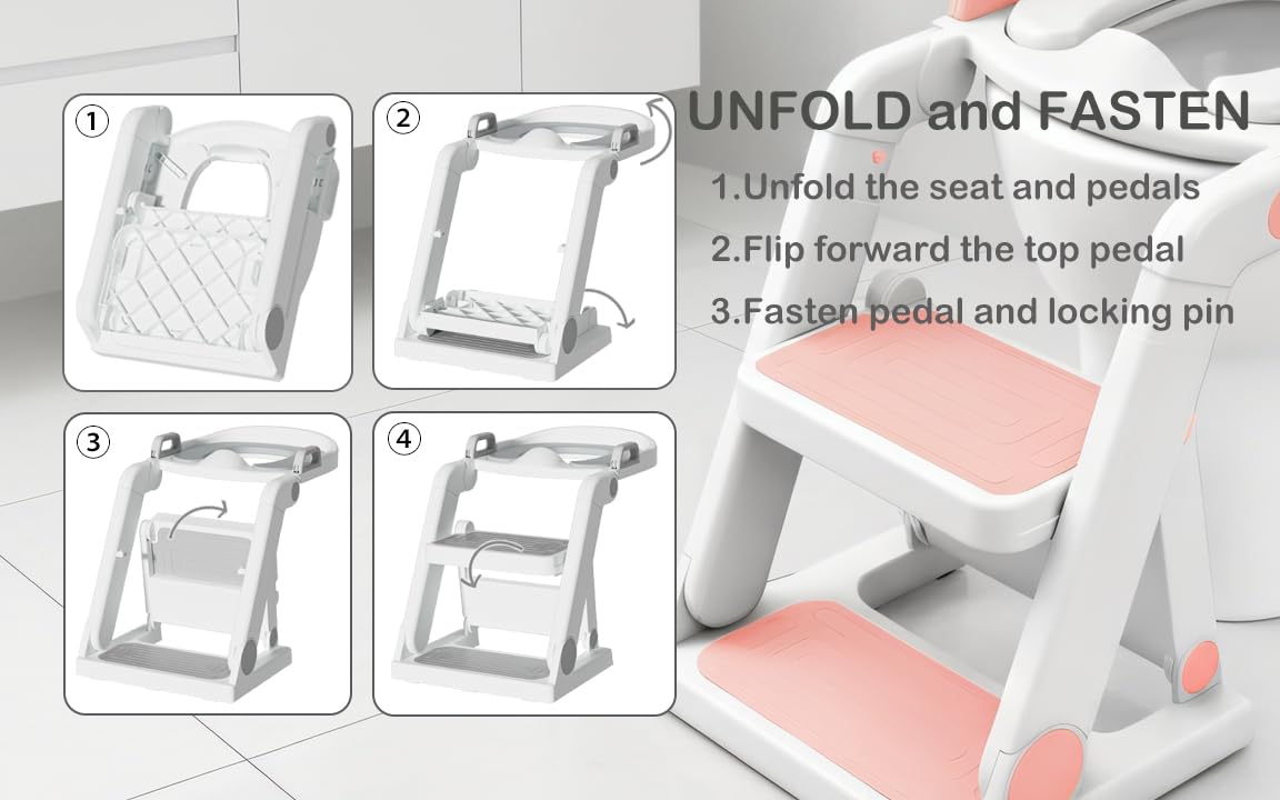 [No Assembly Required] BABY JOYCE Potty Training Seat with Step Stool Ladder, Extra Sturdy Integrated Toddler Toilet Seat for Boys Girls, Anti-Slip Step & Splash Guard, Foldable Potty Ladder (Grey)