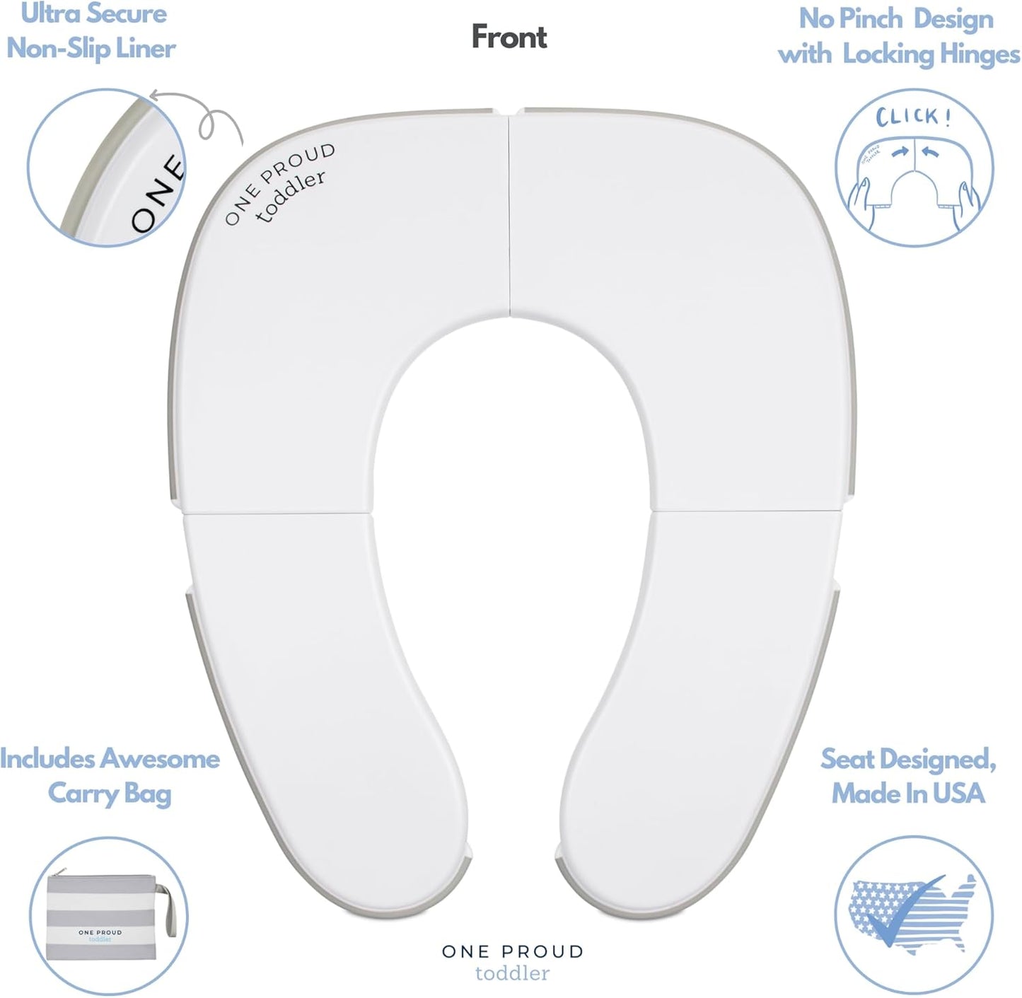 One Proud Toddler Premium Travel Potty Seat – Compact, Non-Slip, Made in USA Seat, No-Pinch Locking Hinges, Easy to Clean, Includes Machine-Washable Carry Bag