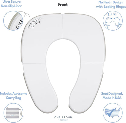 One Proud Toddler Premium Travel Potty Seat – Compact, Non-Slip, Made in USA Seat, No-Pinch Locking Hinges, Easy to Clean, Includes Machine-Washable Carry Bag